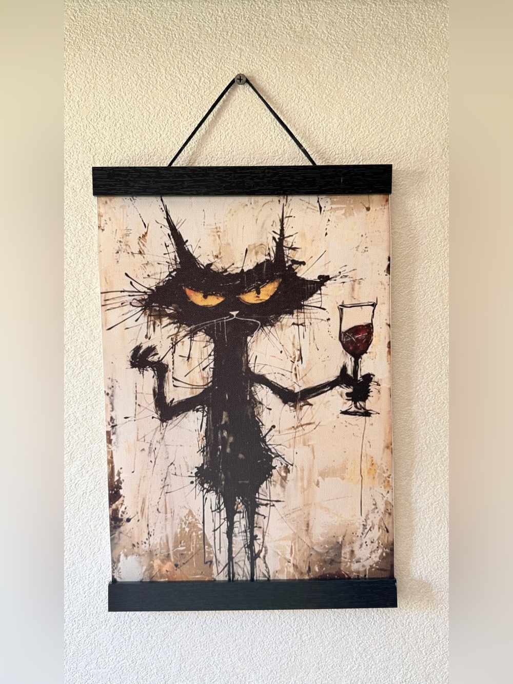 Funny Black Cat Wine Canvas Print 8x12” Magnetic Wood Frame Wall Decor